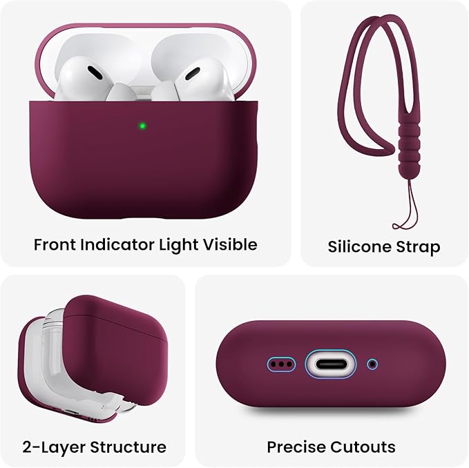 ORNARTO Compatible with AirPods Pro 3 Case 2025, Full Protective Hybrid Silicone for AirPods Pro 3rd Generation Case, Front LED Visible Skin Cover-Wine Red