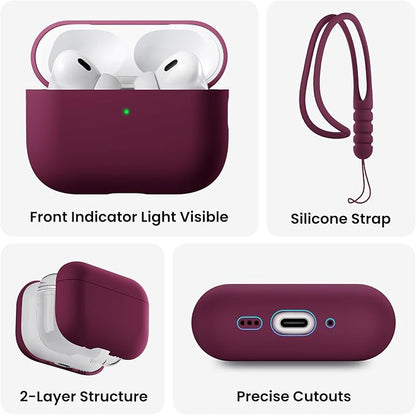 ORNARTO Compatible with AirPods Pro 3 Case 2025, Full Protective Hybrid Silicone for AirPods Pro 3rd Generation Case, Front LED Visible Skin Cover-Wine Red