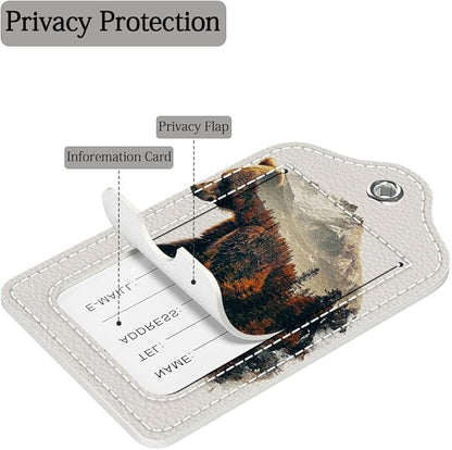 Funny PU Leather Luggage Tags 2-Pack Autumn Forest Bear Cute Pattern Suitable for Suitcase Stainless Steel Loop and Address Card Essential for Cruise and Airport Travel for Men and Women