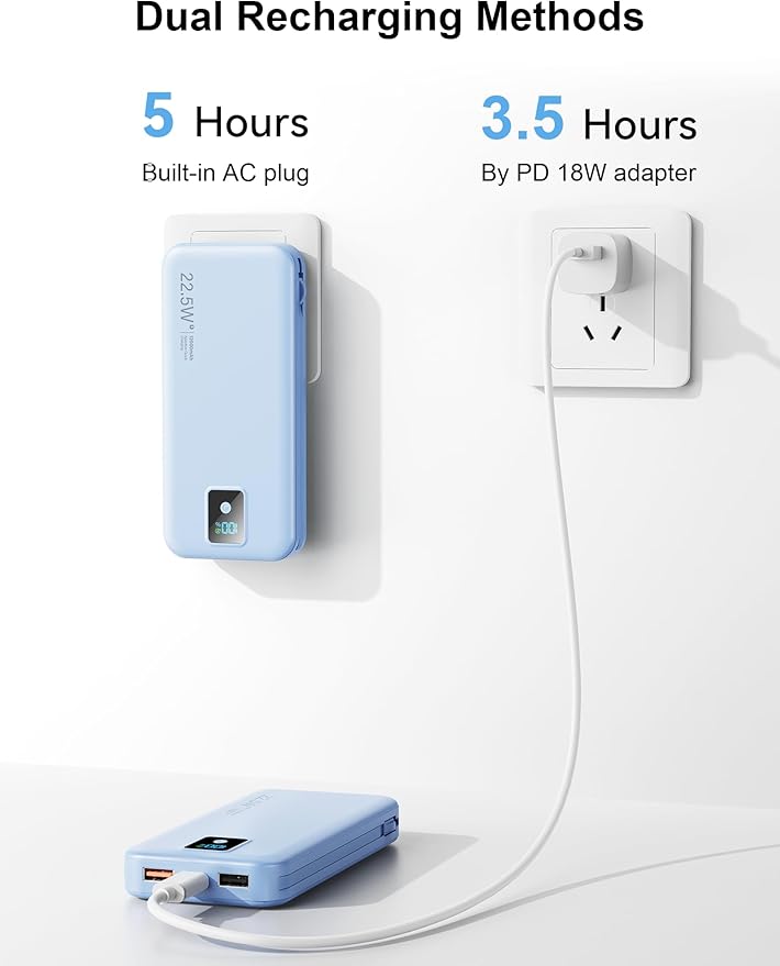 Portable Charger, 12000mAh 22.5W Fast Charging Power Bank with Built-in Cables & Wall Plug, Travel Essentials Battery Pack with LED Display, USB C External Battery Bank for iPhone iPad, Samsung Blue