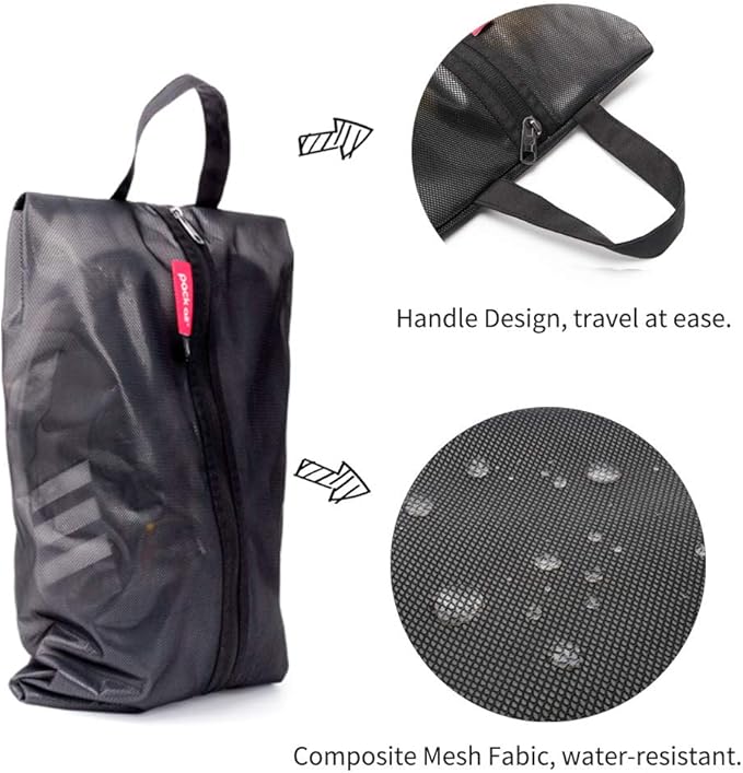 pack all Plus-Sized Shoe Bag for Travel, Water-Resistant Shoe Pouch for Gym, Odor-Resistant Soccer Cleats Bag for Sport (Black, 2-Pack)