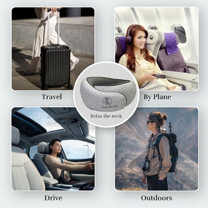 Premium Memory Foam Travel Neck Pillow – Ergonomic Design, Adjustable Strap, Lightweight with Carry Case – Perfect for Travel, Office, and Long Drives (Light Grey)