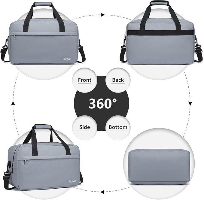 Kono Travel Duffel - 20L Under Seat Carry-On Sports Tote Gym Weekender Overnight Bag - 15.75"x9.84"x7.87" Light Gray