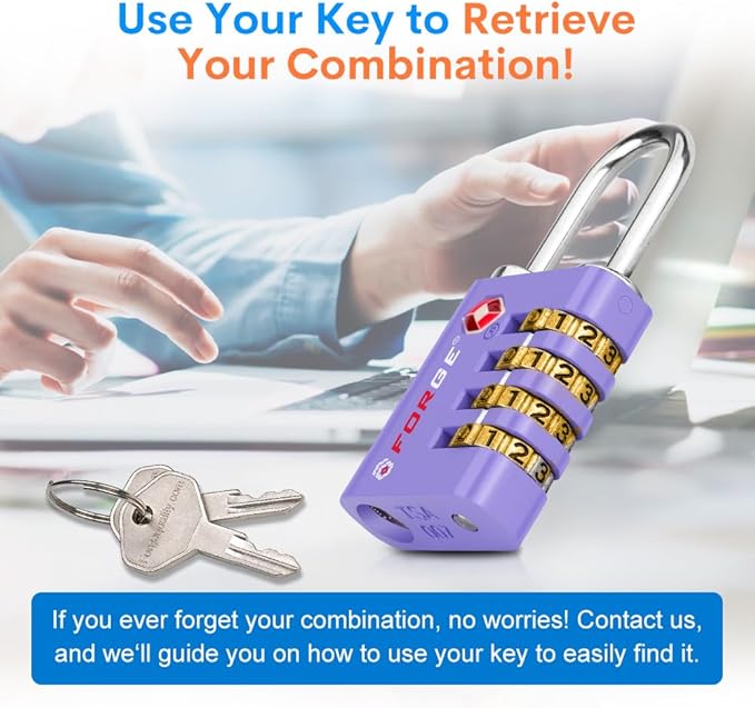 Forge Dual-Opening: Key or Combination Access Lock, TSA Approved Locks for Luggage, Pelican case, Travel, Gym, School, Stainless Steel Shackle. (Purple, 2 Pk)