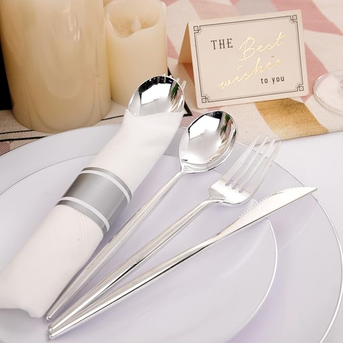 LUODA 30 Pack Pre Rolled Silver Plastic Silverware, Heavy Duty Wrapped Disposable Cutlery Set Includes 30 Forks, Knives, Spoons & Linen Napkins, Silver Flatware Set for Party