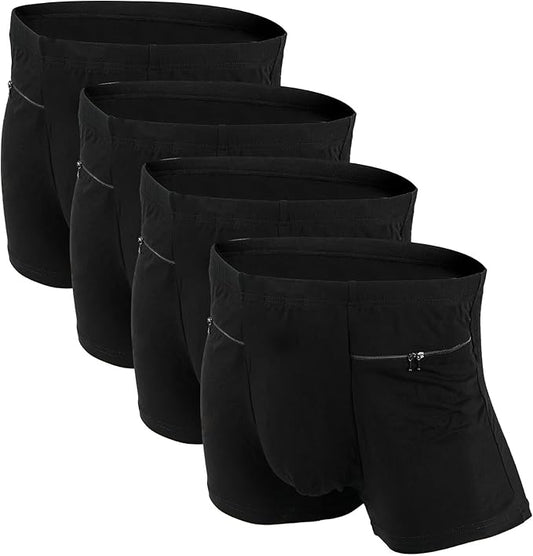 LUEXBOX Pocket Underwear for Men with Secret Hidden Pocket, Travel Boxer Briefs, 4 Packs (Black)