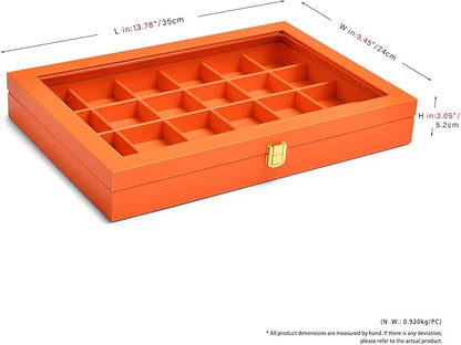 Oirlv 24 Grid Premium Leather Jewelry Organizer Tray with Transparent Lid Jewelry Display Case Drawer Insert Rings Earrings Holder