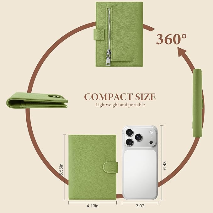 Genuine Leather Passport Holder for Women Men, Hidden Airtag Pocket, RFID Blocking, Zippered Coins Pocket & Cash Compartment Travel Gifts Essentials Passport Cover Case - Green