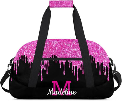 Personalized Kids Sports Duffel Bag with Name Custom Weekender Overnight Bag for Boys Girls Gym Bag Travel Dance Gymnastics Duffel Bag, HotPink Glitter