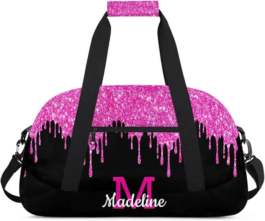 Personalized Kids Sports Duffel Bag with Name Custom Weekender Overnight Bag for Boys Girls Gym Bag Travel Dance Gymnastics Duffel Bag, HotPink Glitter