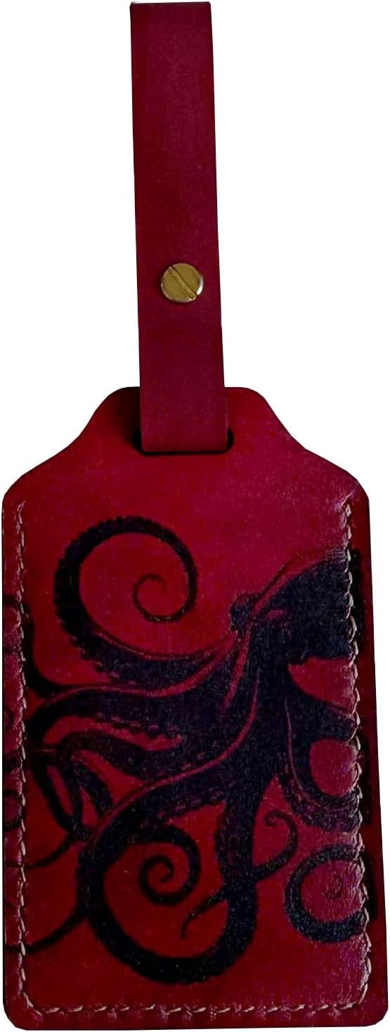Mayan Corner - Handcrafted Leather Luggage Tag, Octopus Design, Burgundy Red with ID Window