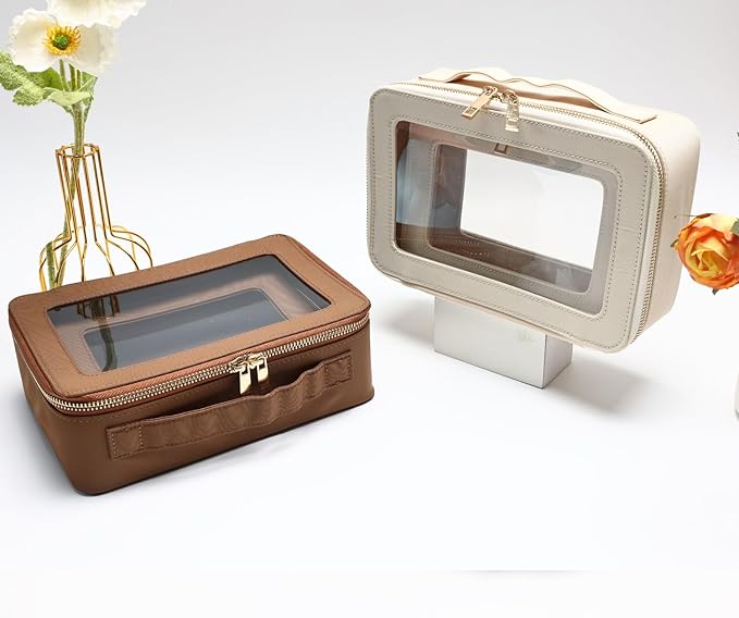 SANHECUN Cosmetic Case with Zipper TSA Approved Storage Box Travel Organizer Pouch Toiletry Portable Makeup Bag Cosmetic Set (2, Brown)