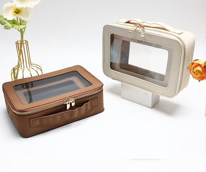 SANHECUN Cosmetic Case with Zipper TSA Approved Storage Box Travel Organizer Pouch Toiletry Portable Makeup Bag Cosmetic Set (2, Brown)