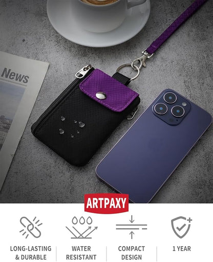 Minimalist Wallet For Mens Womens, Keychain RFID Blocking Zipper Small Wallet with ID Window 2 Lanyards,Water Resistant Travel Cash Card Coin Case Boys Girls