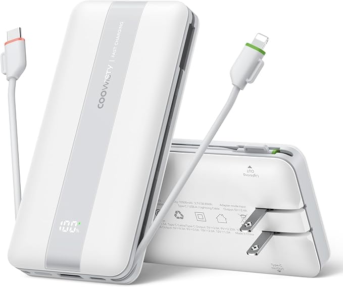 Fast Charging Power Bank, USB C Portable Charger Built in Cables and Wall Plug, 10500mAh 22.5W 4 Outputs 3 Inputs LED Display External Battery Pack Compatible with iPhone/Android (White)