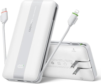 Fast Charging Power Bank, USB C Portable Charger Built in Cables and Wall Plug, 10500mAh 22.5W 4 Outputs 3 Inputs LED Display External Battery Pack Compatible with iPhone/Android (White)