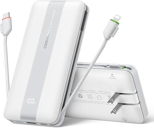 Fast Charging Power Bank, USB C Portable Charger Built in Cables and Wall Plug, 10500mAh 22.5W 4 Outputs 3 Inputs LED Display External Battery Pack Compatible with iPhone/Android (White)