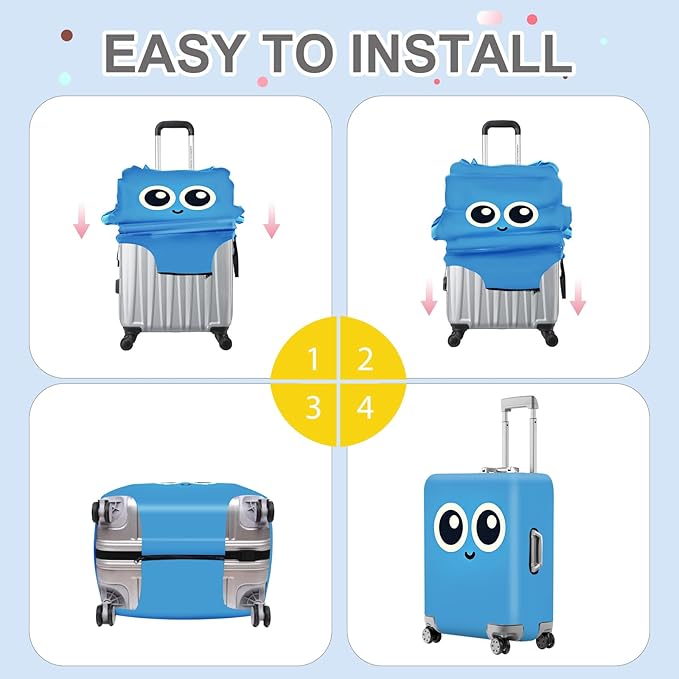 ANNA QUEEN Cute Smiley Face Luggage Cover, Blue Cartoon Suitcase Protector with Big Eyes Design, Stretchable, Washable Travel Cover for 32-34 Inch Luggage