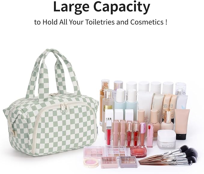 Narwey Travel Toiletry Bag, Wide-open Large Toiletry Bags for Traveling Women, Checkered Travel Bag for Toiletries Cosmetic Makeup Bag Organizer, Skincare Make Up Bag (Mint Green Checkerboard)