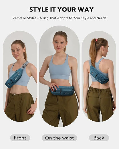 WATERFLY Small Crossbody Fanny Pack: 5 Pocket Slim Lightweight Waist Belt Hip Bag for Women Men Water Resistant Chest Pouch for Travel Hiking Running Walking Fit All Phones - Peacock Blue