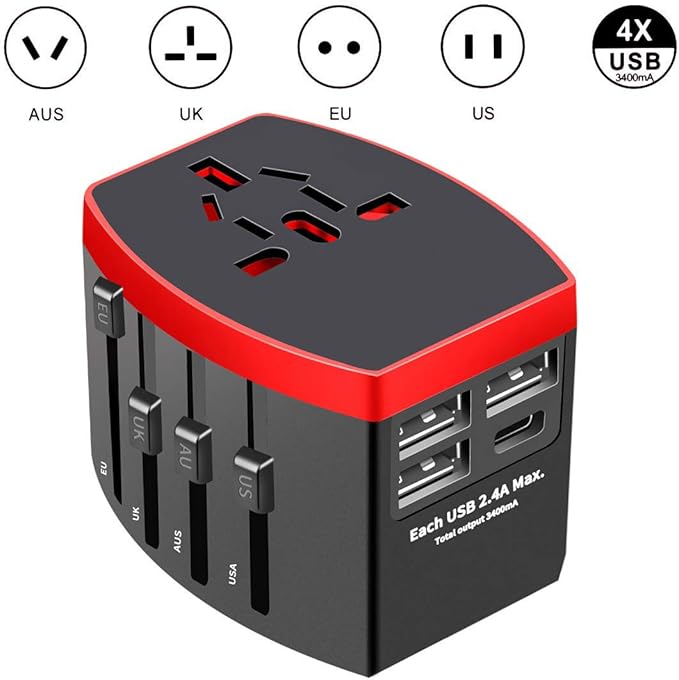 Travel Adapter Power Adapter Wall Residential Universal Ground Travel Outlet Adapter(Red)
