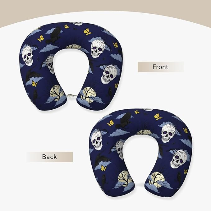 Neck Travel Pillow, Women Men Washable Airplane Car Pillows Halloween Full Moon Raven Goth Skulls, Head Support Rest U Shaped Cushion Comfortable for Watching TV