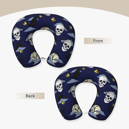 Neck Travel Pillow, Women Men Washable Airplane Car Pillows Halloween Full Moon Raven Goth Skulls, Head Support Rest U Shaped Cushion Comfortable for Watching TV
