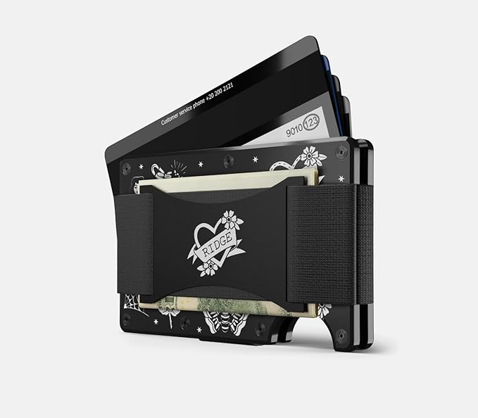 Ridge Wallet for Men - Slim Minimalist Compact Wallet and Card Holder, RFID Protected Front Pocket Wallets for Men with Integrated Cash Strap (American Traditional Tattoo B&W)