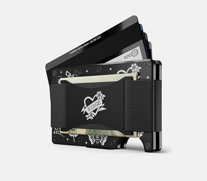 Ridge Wallet for Men - Slim Minimalist Compact Wallet and Card Holder, RFID Protected Front Pocket Wallets for Men with Integrated Cash Strap (American Traditional Tattoo B&W)