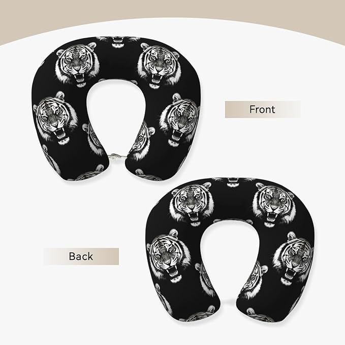 Neck Travel Pillow, Women Men Washable Airplane Car Pillows Tiger Black and White, Head Support Rest U Shaped Cushion Comfortable for Watching TV