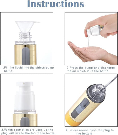 Gold, empty cosmetic pump bottle with travel bag, refillable, vacuum pump bottle for lotion, toner, foundation make-up, hair oil, hand sanitizer and other liquids, 7 pieces (1.7 oz/50ml)