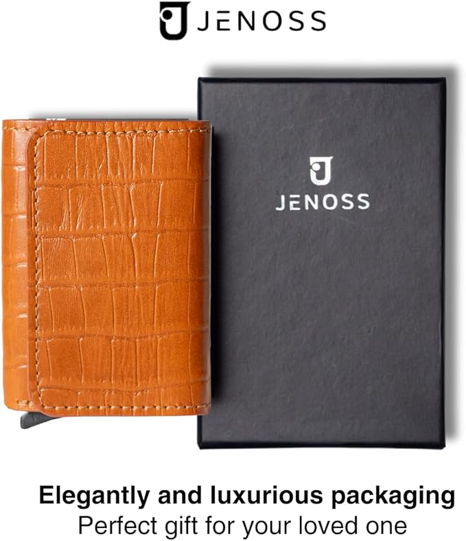 Jenoss Smart Wallet For Men: Full Grain Leather, Handcrafted, Slide Metal Pop Up Case, Slim RFID Blocking Credit Card Holder, Minimalist, Compact - 6-8 Cards Organizers, Front Pocket (Light Brown)