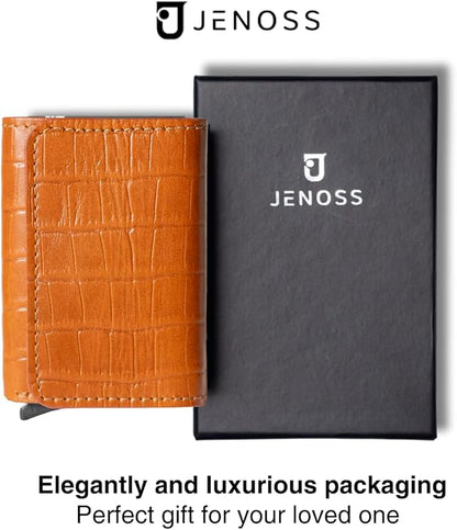 Jenoss Smart Wallet For Men: Full Grain Leather, Handcrafted, Slide Metal Pop Up Case, Slim RFID Blocking Credit Card Holder, Minimalist, Compact - 6-8 Cards Organizers, Front Pocket (Light Brown)