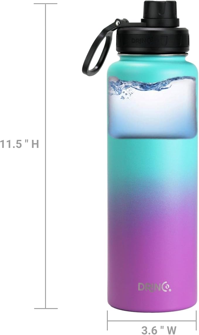 DRINCO Stainless Steel Water Bottle Spout Lid Vacuum Insulated Double Wall Water Bottle Wide Mouth (40oz 32oz 22oz 18oz 14oz) Leak Proof Keep Cold Sport Camping Hiking (40 oz, 40oz Ombre Fuchsia Teal)