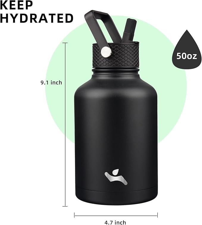 Insulated Water Bottle with Straw,50 oz 3 Lids Water Jug with Carrying Bag,Paracord Handle,Double Wall Vacuum Stainless Steel Metal Flask,Black