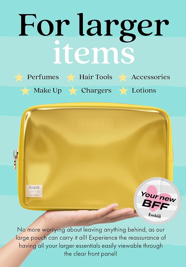 Embla London Makeup Bag Cosmetic Case, Clear Zipper Make Up Pouch and Toiletry Travel Tote, Cute Skincare Pouches for Women Girls, Preppy Purse Cosmetic Organizer, Large Makeup Bags, Lemon