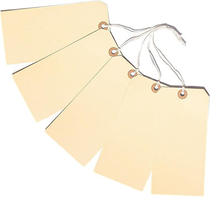100 Large Manila Paper Tags with String Attached - # 8, 6 1/4" x 3 1/8" - Shipping Tags with String for Labeling, Blank Hang Labels with Ties