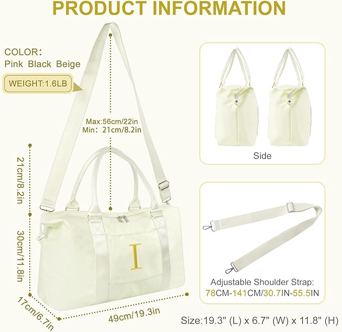 Personalized Initial Gym Dance Bag, Travel Duffel Bag for Teen Girls, Carry On Bag Overnight Weekender Bag with Trolley Sleeve, Birthday Gifts for Women Mom Daughter Graduation Gift(Letter I, Beige)