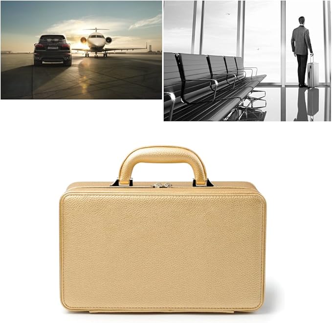 Oirlv Gold Leather Jewelry Box Handmade Travel Jewelry Organizer Storage Case Holder For Girl Lady Earring,Ring,Necklace,Pendant,Watch,Bracelet.(3 layers)