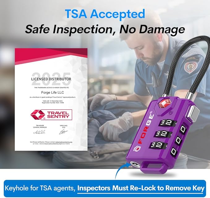 Forge TSA Approved Luggage Locks, Re-settable Combination with Alloy Body (Dark Purple 4 Locks)