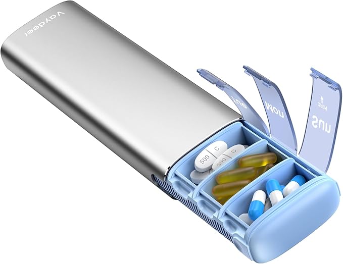 Vaydeer Metal Travel Pill Organizer – Compact Weekly Pill Box for Daily Medication – Portable Small Pill Case for Vitamins, Pills & Supplements (Sliver)
