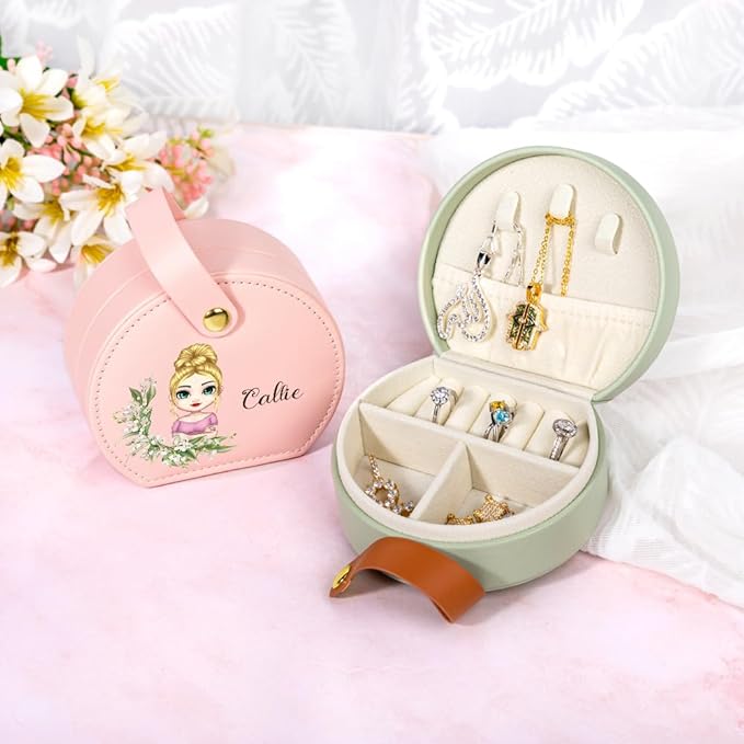 callie Personalized Travel Jewelry Case, Custom Cartoon Character Birth Flower Name on Leather Travel Jewelry Organizer, Birthday Gifts Bridesmaid Gifts for Women Girlfriend