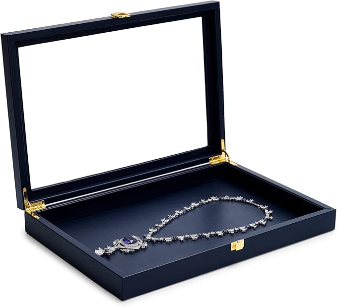 Oirlv Premium Blue Leather Flat Jewelry Tray with Acrylic Lid Jewelry Organizer Case Showcase Big Necklace Display Organizer Box with Locks for Security