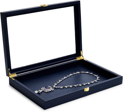 Oirlv Premium Blue Leather Flat Jewelry Tray with Acrylic Lid Jewelry Organizer Case Showcase Big Necklace Display Organizer Box with Locks for Security