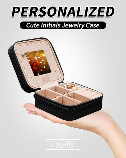 Personalized Jewelry Case for Women Girls - Fashion Mini Jewelry Boxes - Trendy Travel Jewelry Organizer with Initials Letter - Teen Gifts | Black,V