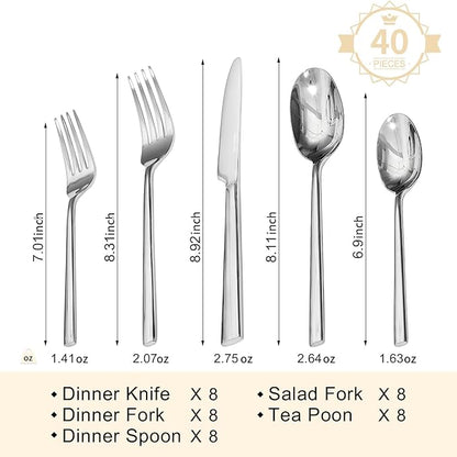 KINGSTONE Silverware Set, 40-Piece Forged Flatware Cutlery Set Premium Stainless Steel, Service for 8, for Home, Wedding, Party,Gift, Mirror Polished and Dishwasher Safe