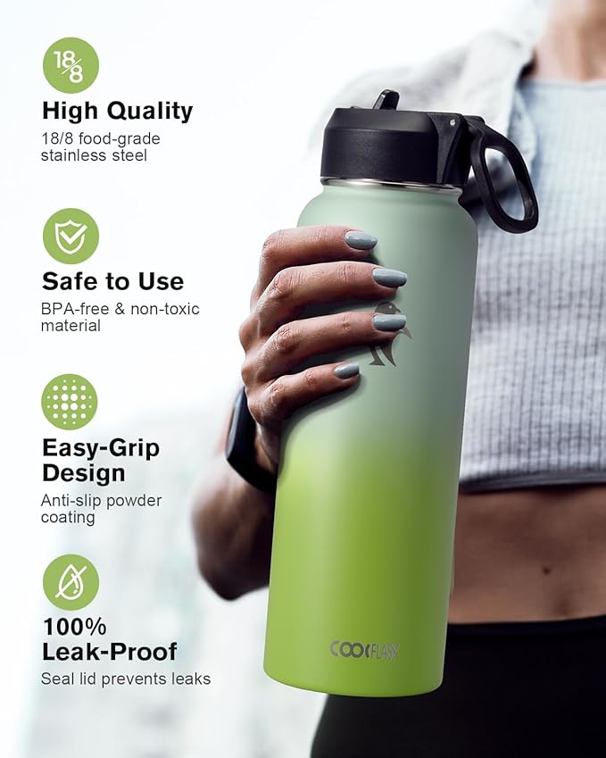 Water Bottle 40 oz Insulated with Straw&Brush, Coolflask Vaccum Stainless Steel Metal 3 Lids Water Flask for Sports, Gym or Office, Keep Cold 48H Hot 24H, Ombre Green