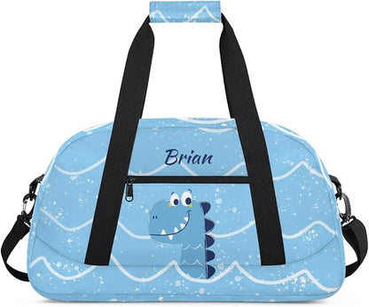 Personalized Duffel Bag for Kids Girls Boys, Dinosaur Wave Custom Name Gym Bag Overnight with Padded Handles Carry On Weekend Sports Travel Bag for School Practice Gymnastics Ballet