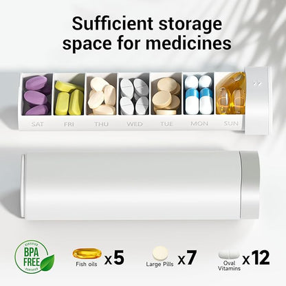 Betife Travel Pill Organizer Weekly 7 Day, Compact Daily Pill Box, Portable Medicine Case, Cute Pill Holder for Vitamins Supplements, Drawer-Shaped Pills Organizer (Pearl White)