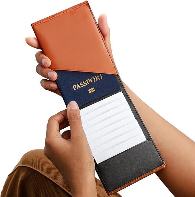 Leather Travel Wallet RFID - Slim Passport Holder for Men & Women - Fits Passport, Cards, SIMs, Pen & Boarding Pass - Secure Travel Document Organizer (Light Brown)